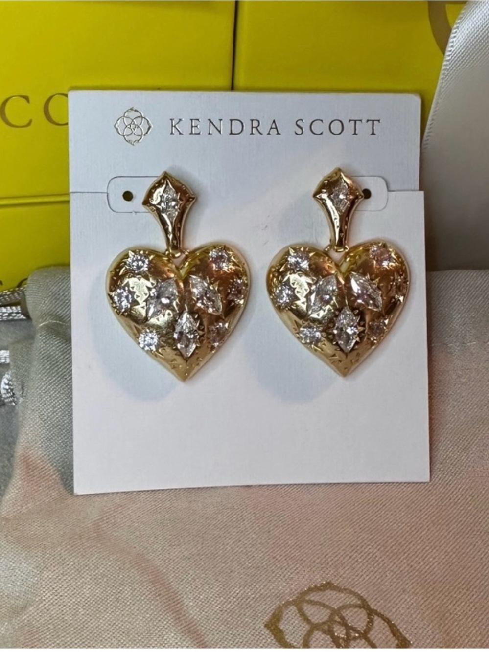 Kendra Scott Holland Gold Heart Drop Earrings in White CZ NWT